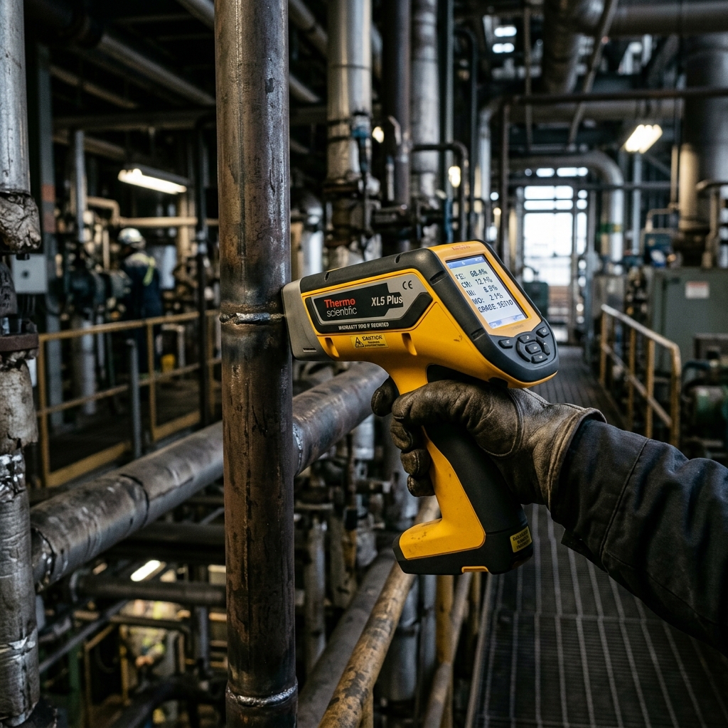 XRF analyzer performing industrial pipe inspection in a power plant